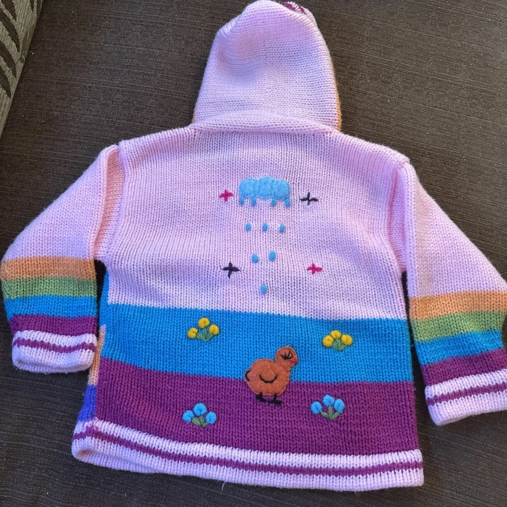 Handmade Peruvian Knit Zip Hoodie Kids 2T Multicolor Animal Landscape Sweater